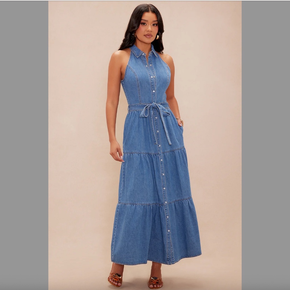 Denim Sleeveless Button-Front Maxi Dress with Tie Waist